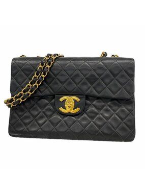 Chanel Shoulder Bag Maxi Quilted Lambskin Black Gold